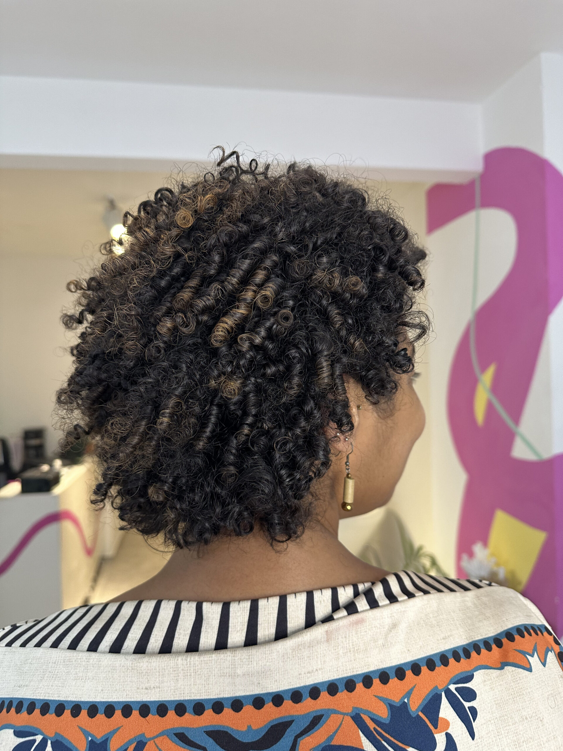 Mujer de espaldas mostrando afro con algunas iluminaciones claras